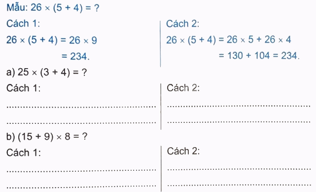 Giải bài 42: Tính chất phân phối của phép nhân đối với phép cộng (tiết 1) trang 17 vở bài tập Toán 4 - Kết nối tri thức với cuộc sống 0 1