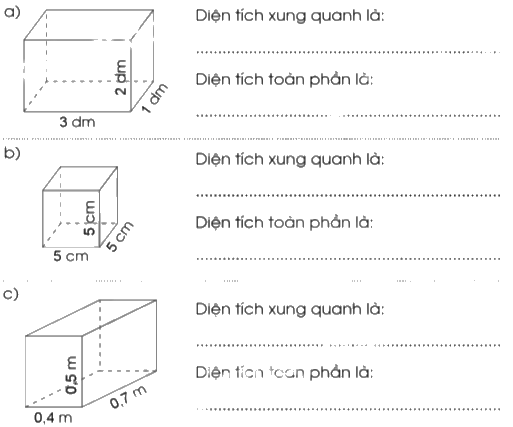Giải bài 60. Diện tích xung quanh, diện tích toàn phần của hình hộp chữ nhật và hình lập phương trang 33, 34 vở bài tập Toán 5 - Cánh diều 0 1
