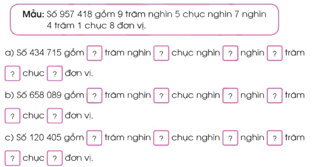 Toán lớp 4 trang 14 - Bài 5: Các số trong phạm vi 1 000 000 (tiếp theo) - SGK Cánh diều 4