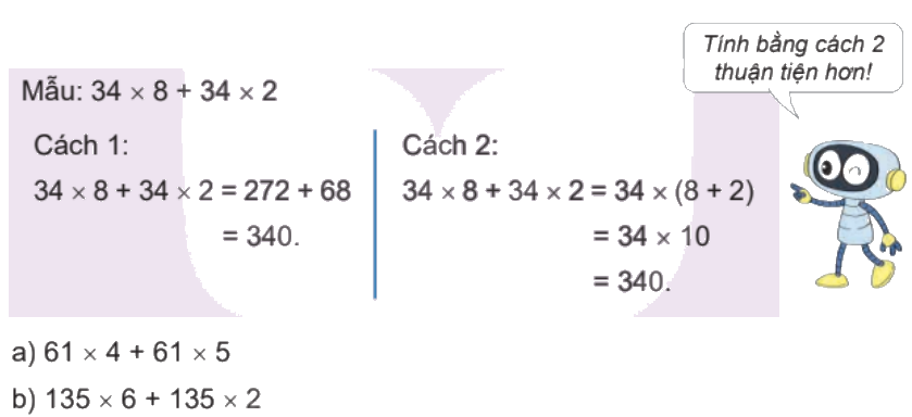 Toán lớp 4 trang 17 - Bài 42: Tính chất phân phối của phép nhân đối với phép cộng - SGK Kết nối tri thức 3