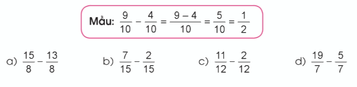 Toán lớp 4 trang 50 - Bài 74: Trừ các phân số cùng mẫu số - SGK Cánh diều 1 1
